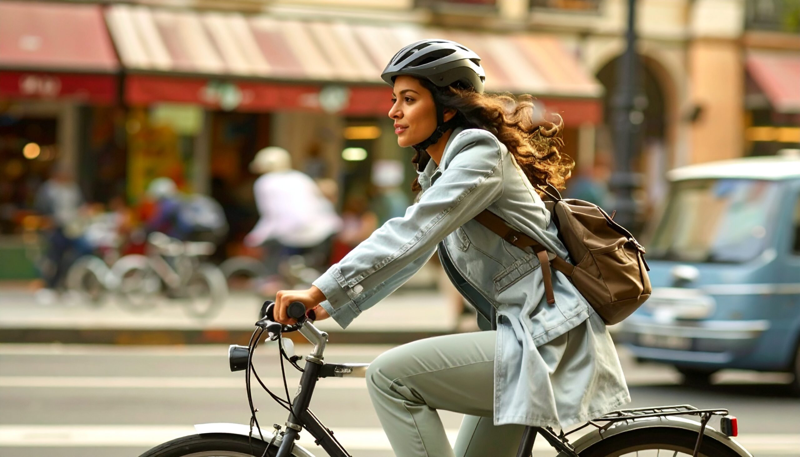 radfahrer Frau fährt in der Stadt auf einem Fahrrad. Der Hintergrund ist veschwommen.