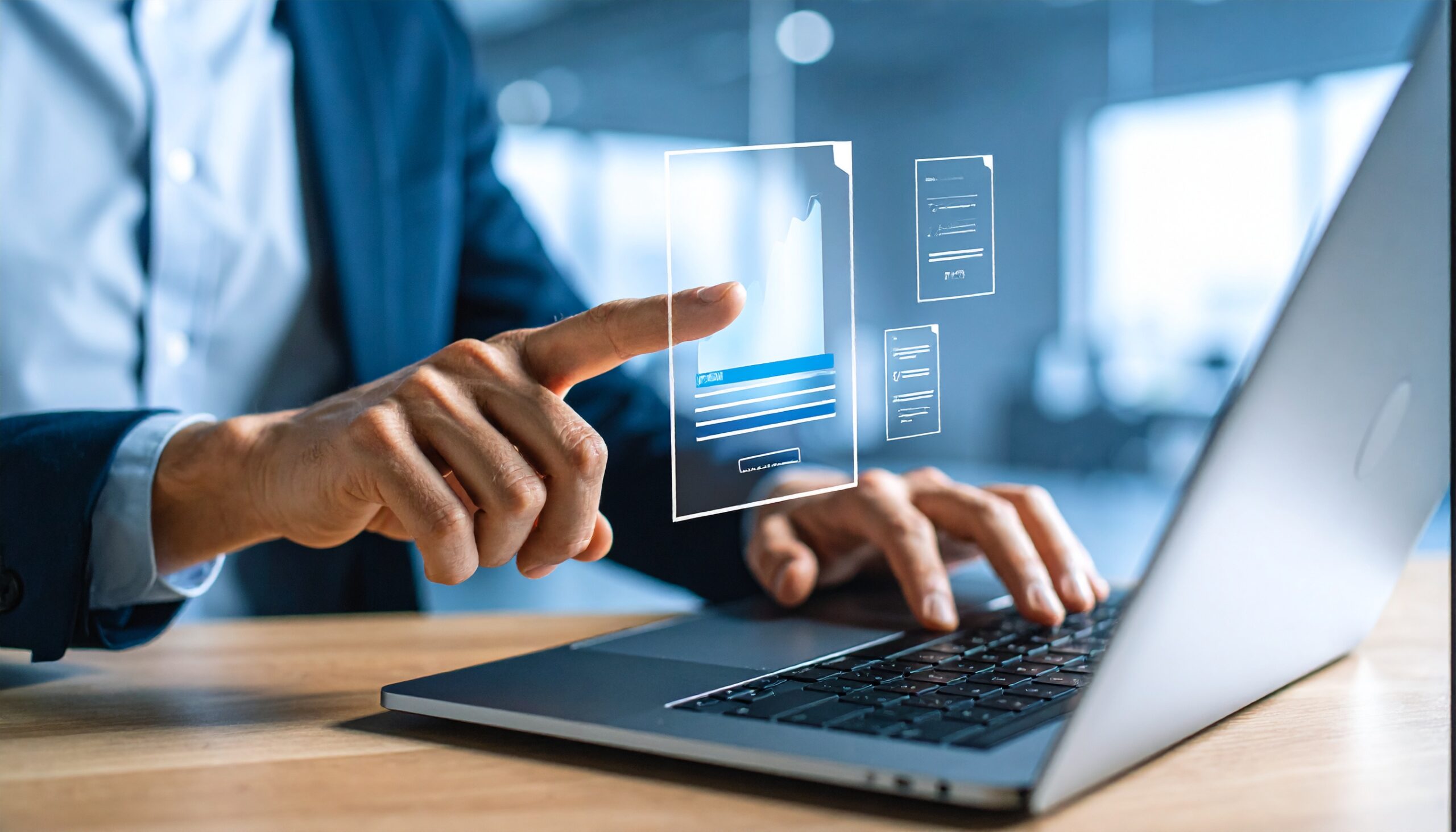 Mann sitzt vor einem Laptop. Man sieht wie er seinen Finger in die Luft hebt, um ein schwebende Grafik vor dem Bildschirm anzutippen.