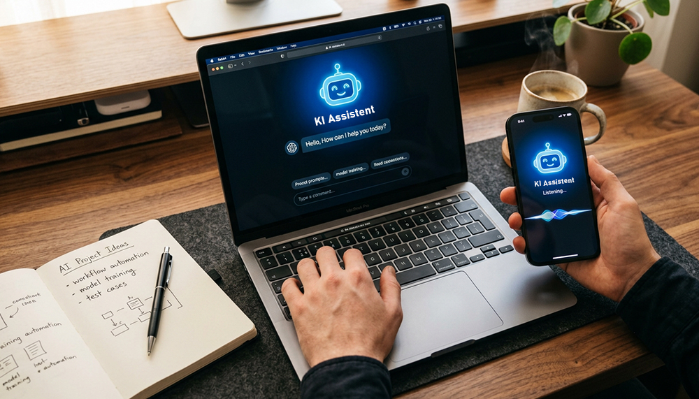 Draufsicht auf modernen Holztisch, Laptop und Smartphone zeigen blau leuchtende "KI-Assistent" Oberfläche mit freundlichem Roboter, linke Hand auf Tastatur, rechte Hand hält Telefon, Notizblock mit Stift, warmes Licht, geringe Schärfentiefe, realistische Fotostimmung.